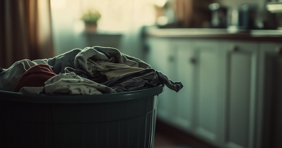 A household waste bin filled with discarded clothing in a dimly lit kitchen, representing the 11.6 kg of textile waste per person that ends up in mixed household waste in the EU.