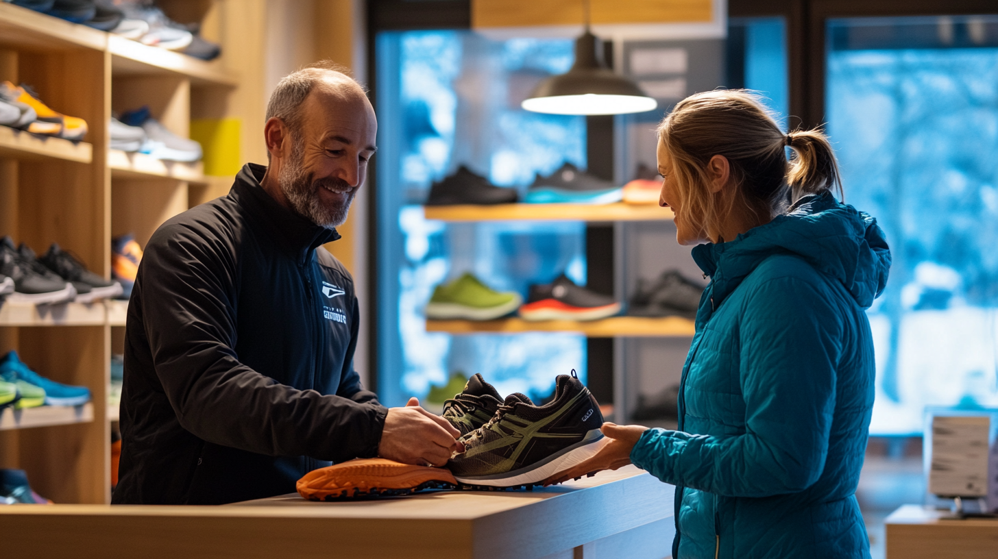 Customer handing worn trail running shoes to store associate in a modern running store — in-store take-back in action