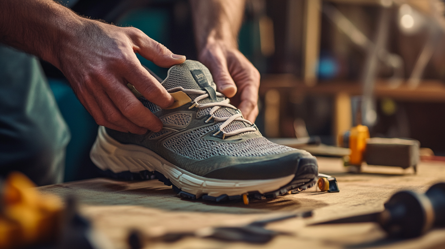 Skilled hands repairing a modern trail running shoe — the unexpected return of cobbling, supported by brands like NNormal